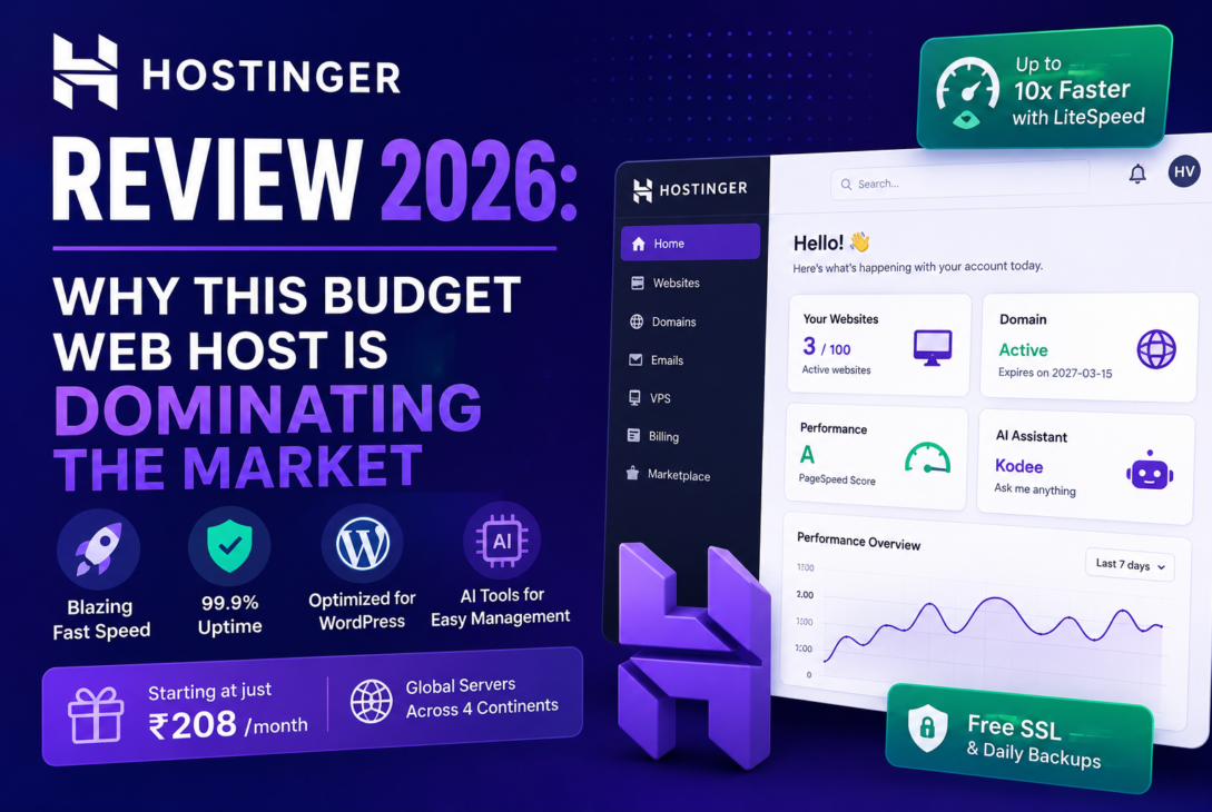 Hostinger Review 2026 showing fast web hosting, AI tools, pricing, and performance comparison for beginners and businesses